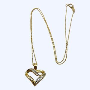 Diamond Open Heart Pendant 10K Gold Round Baguette Necklace 18" Chain 2.39g TAJ
